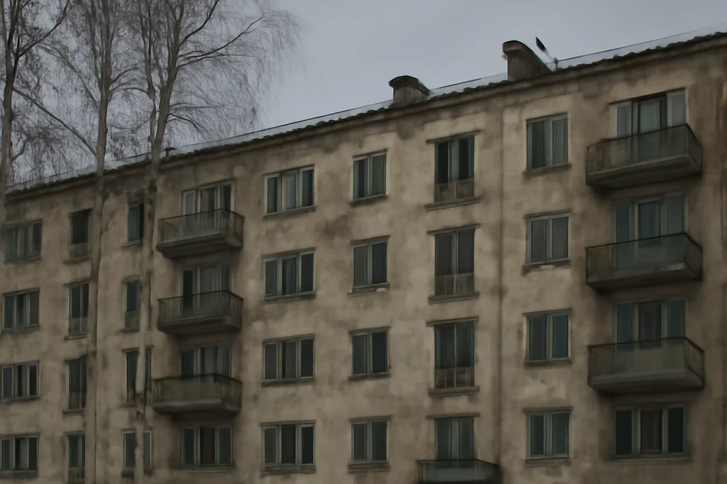 Façade décrépite d'un immeuble d'habitation soviétique de cinq étages, bouleaux nus, ciel gris d'hiver