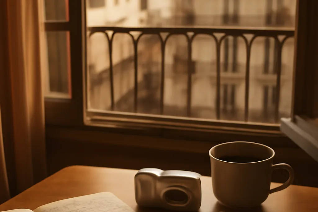 Carnet manuscrit et appareil photo compact sur un bureau parisien baigné de lumière matinale