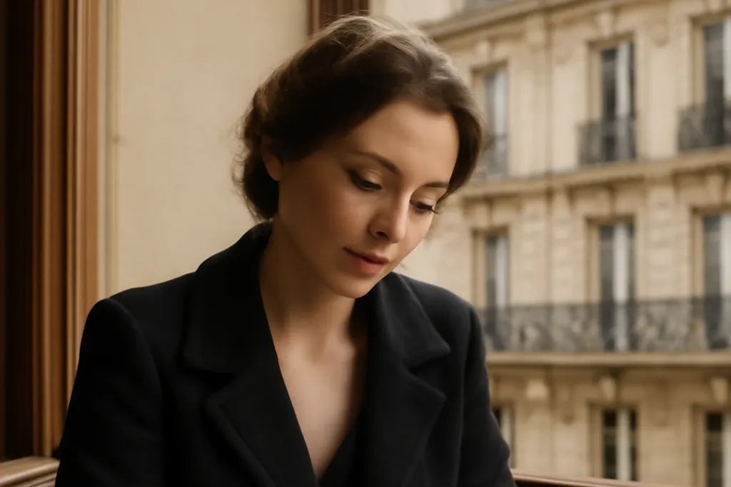 Femme assise à la terrasse d'un café parisien, carnet ouvert, immeuble haussmannien en arrière-plan