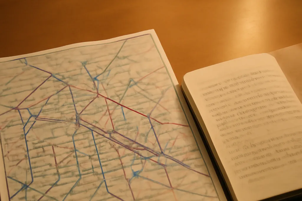 Plan de metro parisien ouvert a cote d'un carnet de notes manuscrit sur une table