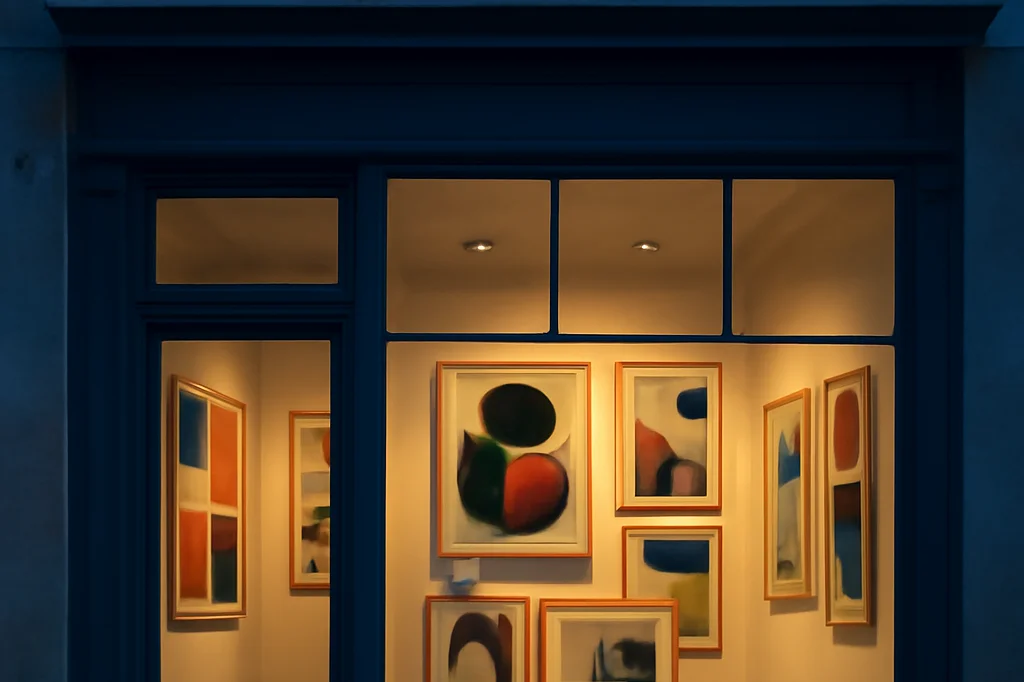 Vitrine de galerie d'art parisienne avec des toiles abstraites eclairees en soiree