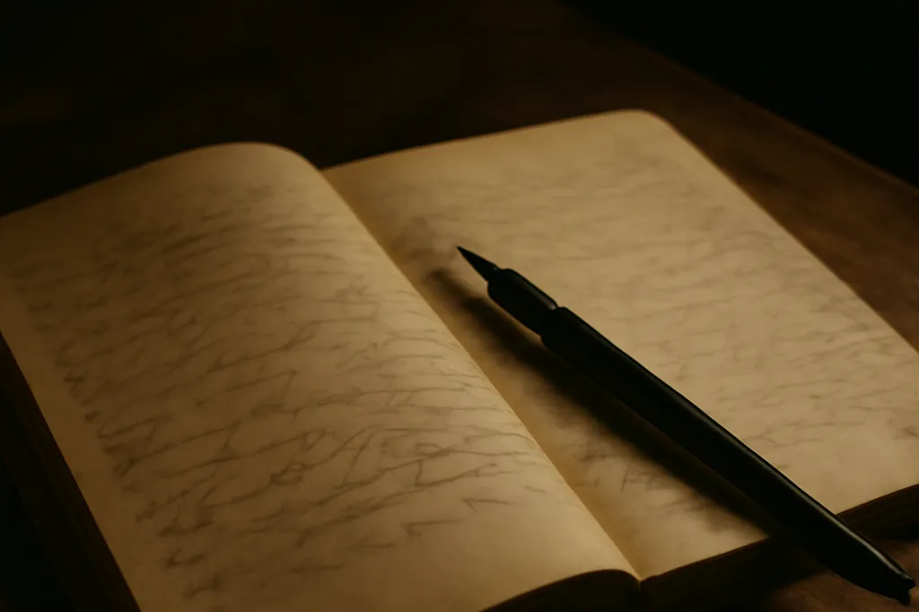 Vieux cahier manuscrit et stylo-plume posés sur une table en bois, lumière tamisée d'archive