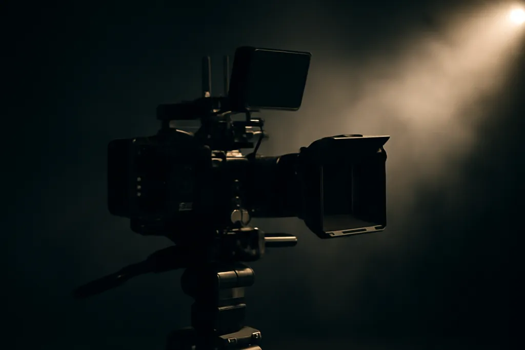 Camera de cinema professionnelle posee sur un pied face a un plateau de tournage sombre