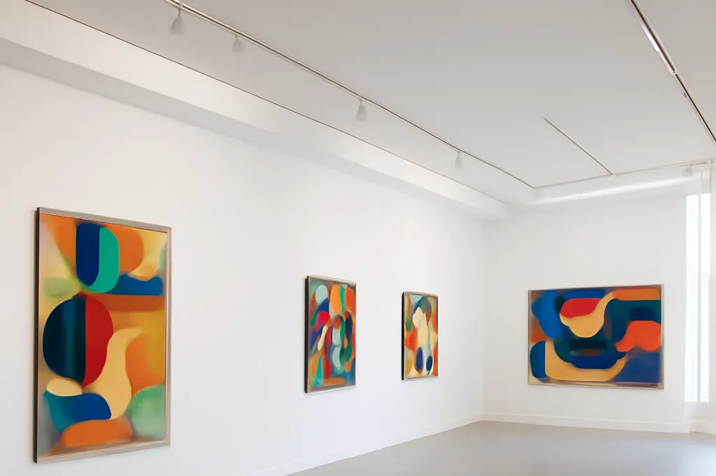Interieur d'une galerie d'art contemporain avec des toiles accrochees sur des murs blancs, lumiere naturelle