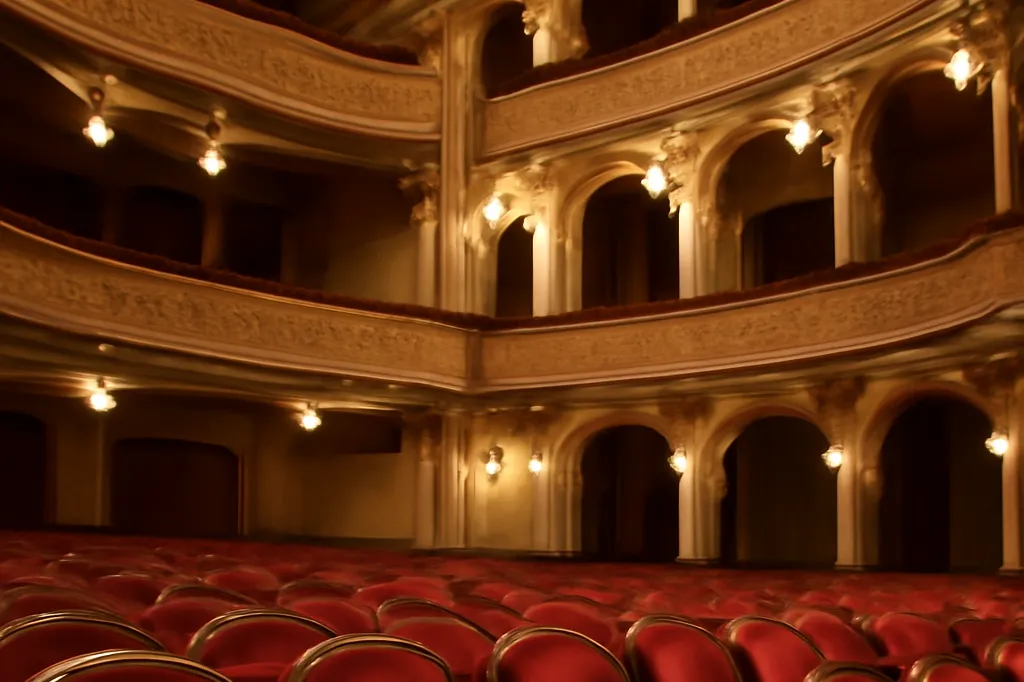 Rangée de fauteuils de théâtre rouges dans une salle vide avant la représentation