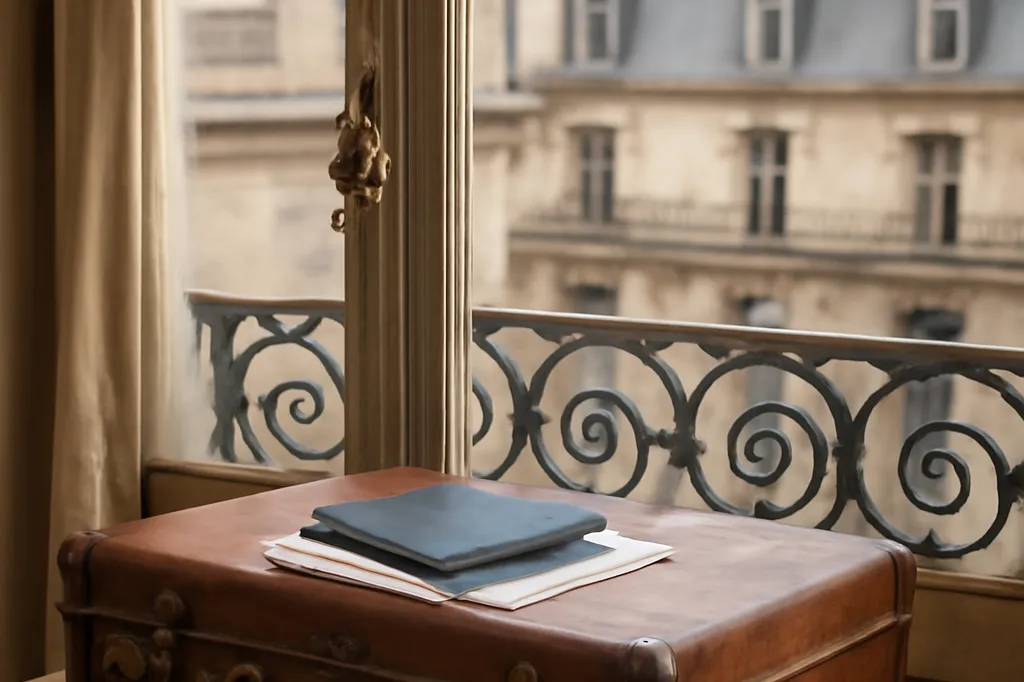 Vieille valise en cuir posee pres d'une fenetre parisienne avec un passeport et des documents de voyage