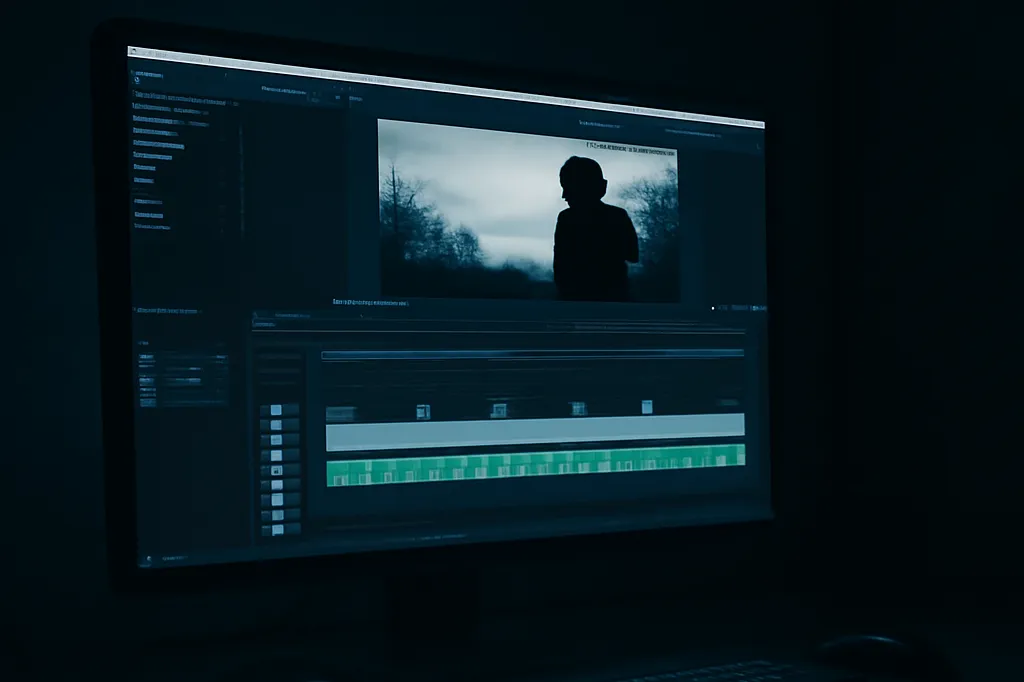 Table de montage vidéo avec écran affichant une timeline de sous-titres dans une salle sombre