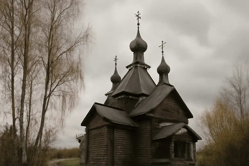 Église orthodoxe en bois avec coupoles au milieu d'un paysage rural russe sous un ciel couvert