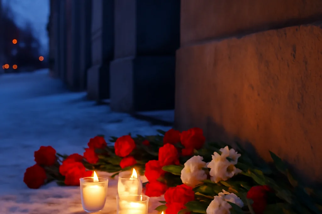 Bougies allumées et fleurs déposées sur un trottoir enneigé lors d'une commémoration en plein air