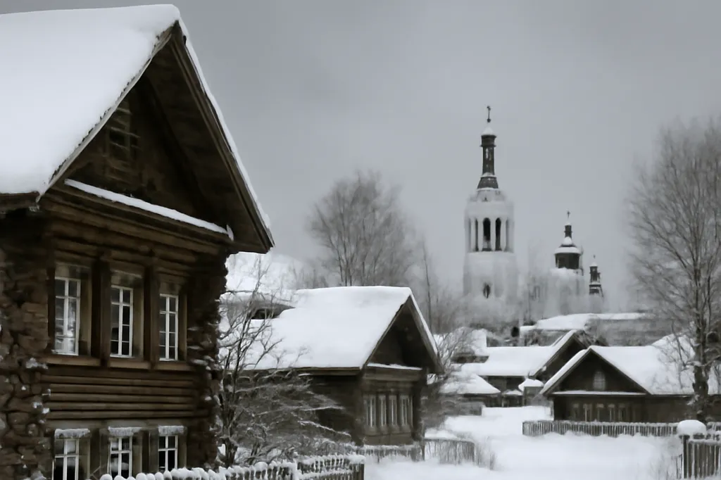 Village russe enneigé avec isbas en bois et clocher orthodoxe au loin sous un ciel gris hivernal