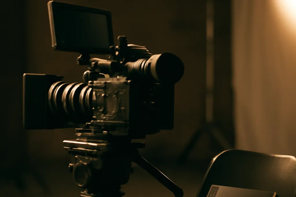 Caméra de cinéma professionnelle et carnet de notes de réalisateur sur un plateau de tournage documentaire