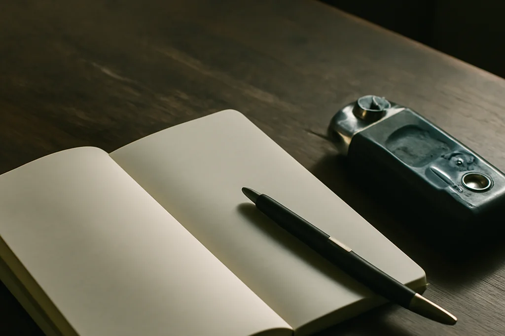 Carnet de notes ouvert, stylo et dictaphone posés sur une table en bois, lumière rasante d'hiver