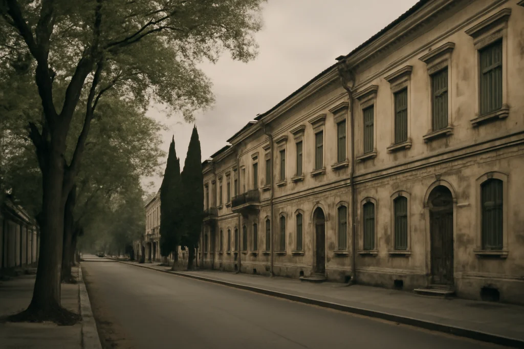 Rue déserte d'Odessa bordée d'immeubles néoclassiques aux façades patinées, sous un ciel gris