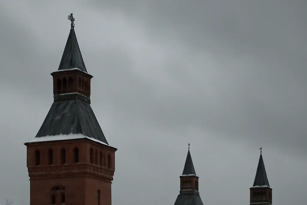 Tours de brique rouge d'une citadelle fortifiee sous un ciel d'hiver gris
