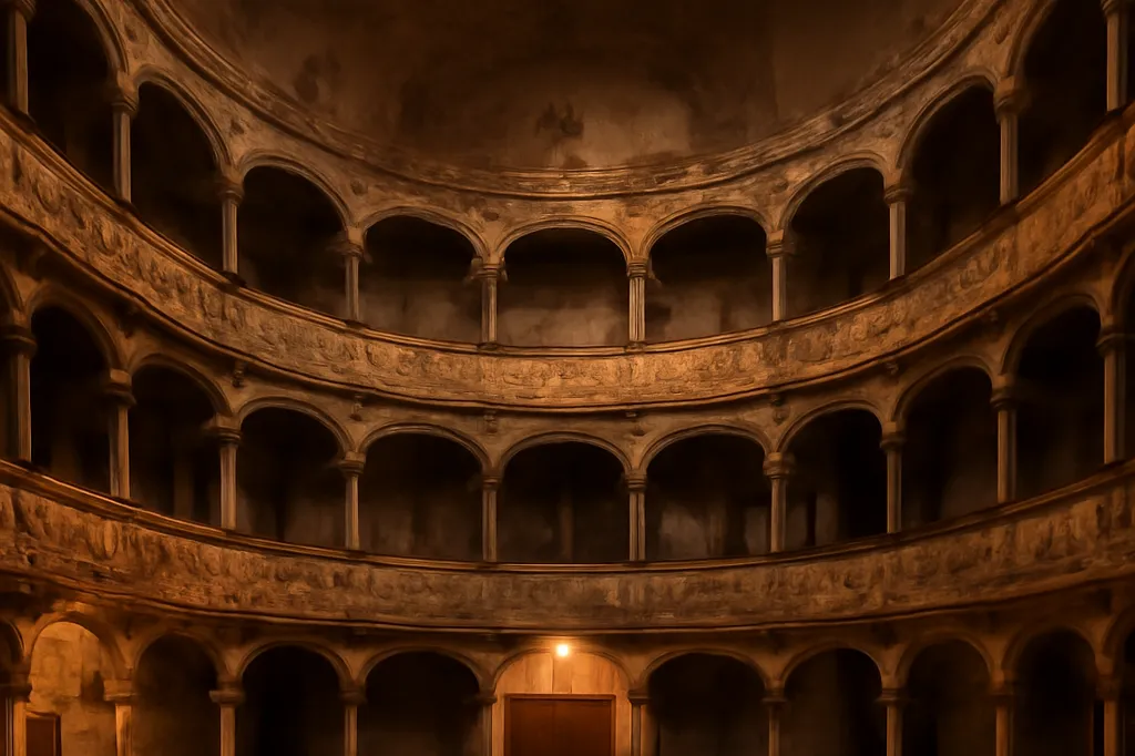 Salle de théâtre à l'italienne aux murs patinés et aux balcons décrépis éclairée par une lumière chaude