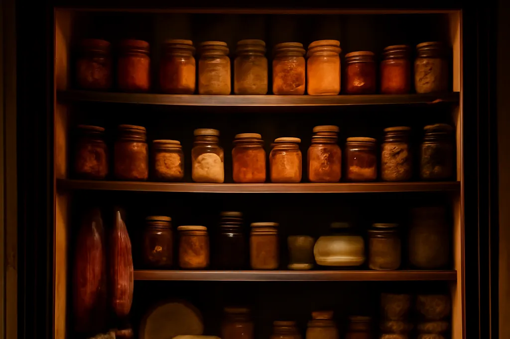 Vitrine d'epicerie avec des bocaux de conserves et des produits regionaux presentes en etagere