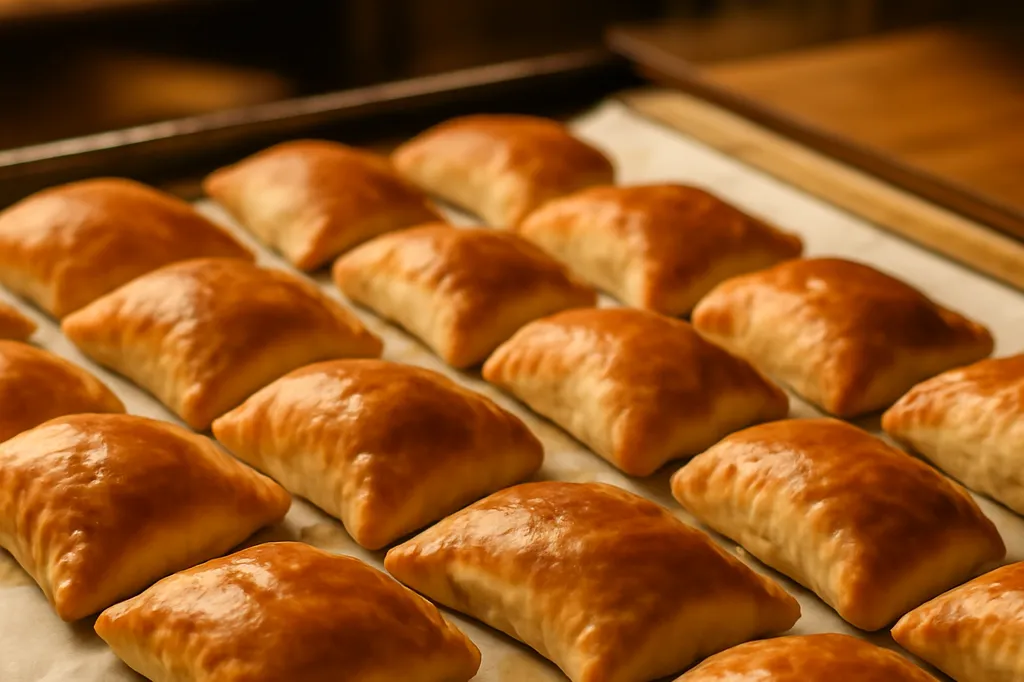 Plateau de petits chaussons feuilletes dores disposes cote a cote sur du papier sulfurise