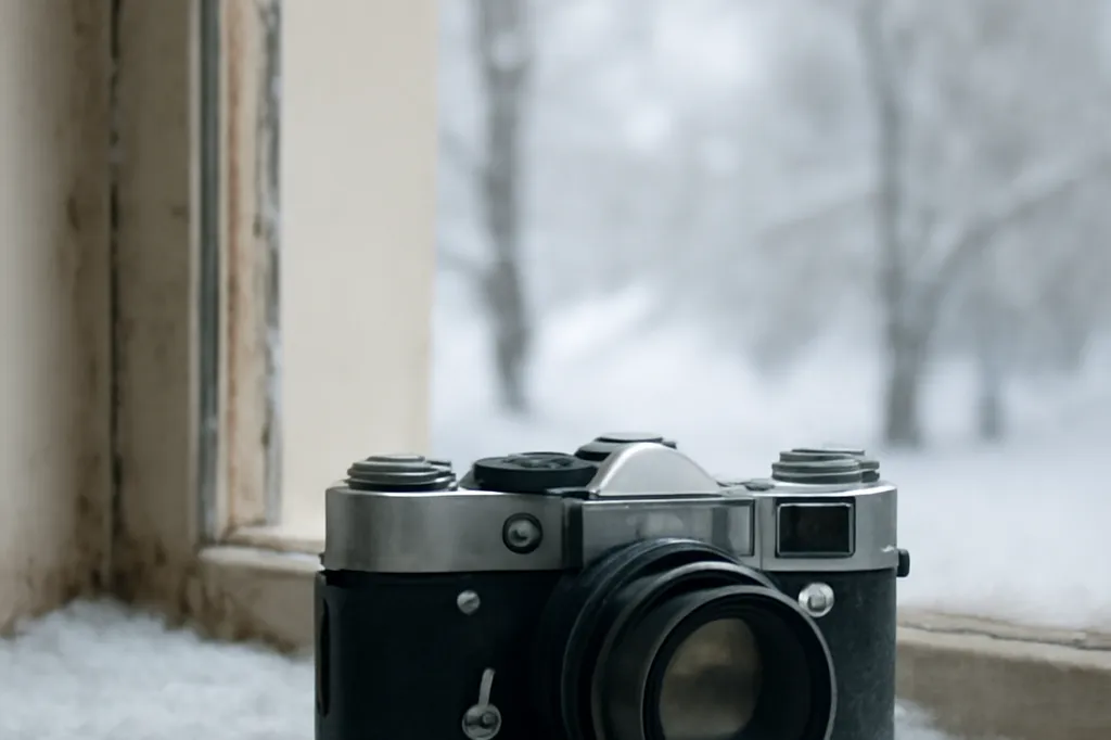 Appareil photo argentique vintage pose sur un rebord de fenetre couvert de neige