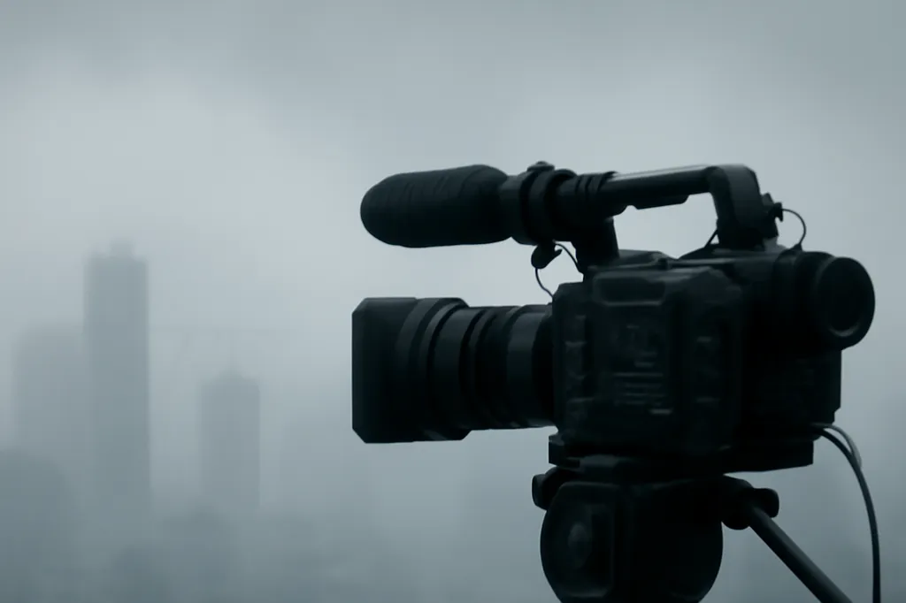 Caméra de reportage posée sur un trepied face a un paysage urbain gris et brumeux