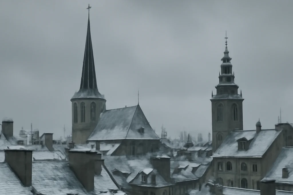 Toits enneiges de batiments anciens sous un ciel gris d'hiver, architecture europeenne