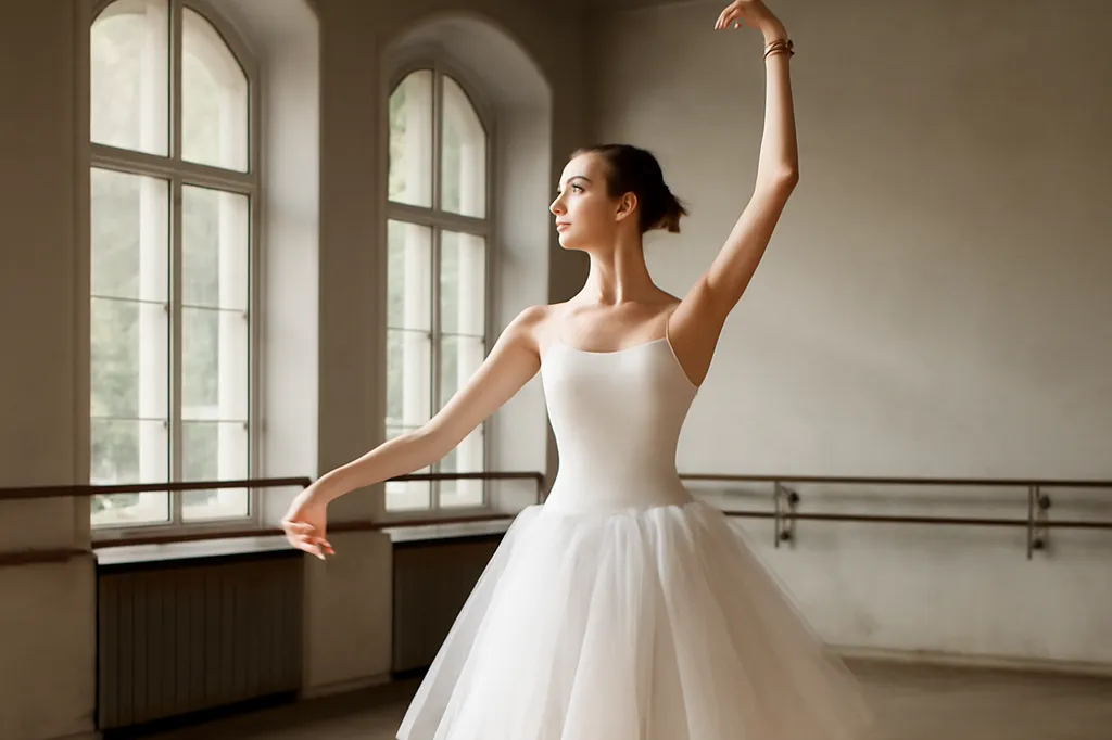 Danseuse de ballet classique en tutu blanc répétant seule dans un studio aux grandes fenêtres et au parquet ancien