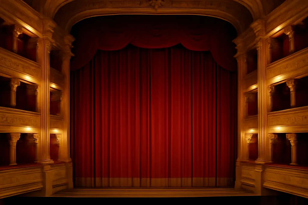 Fosse d'orchestre et scène de théâtre à l'italienne vues depuis un balcon avant le lever de rideau