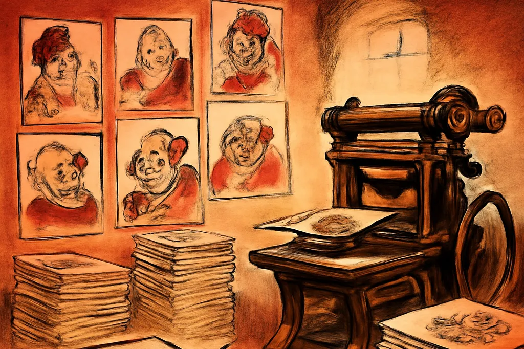Illustration evoquant la presse satirique russe du debut du XXe siecle, planches caricaturales et encrier sur un bureau