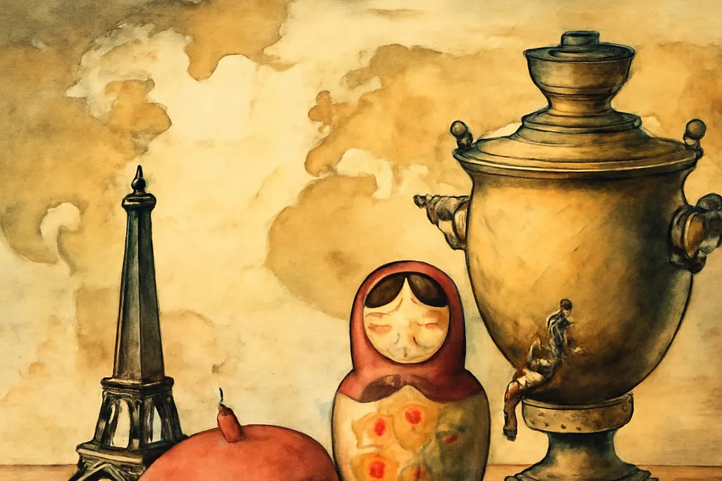 Symboles français et russes juxtaposes sur une table ancienne : tour Eiffel miniature et beret d'un cote, matriochka et samovar de l'autre