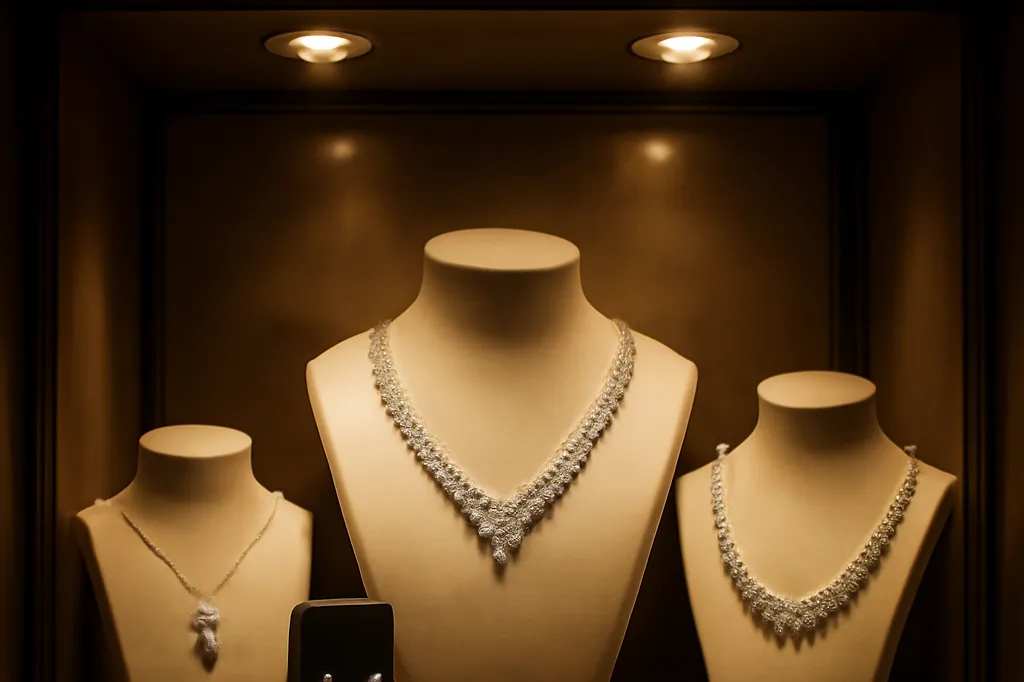 Vitrine de joaillerie de luxe presentant des bijoux en diamants sous eclairage spot