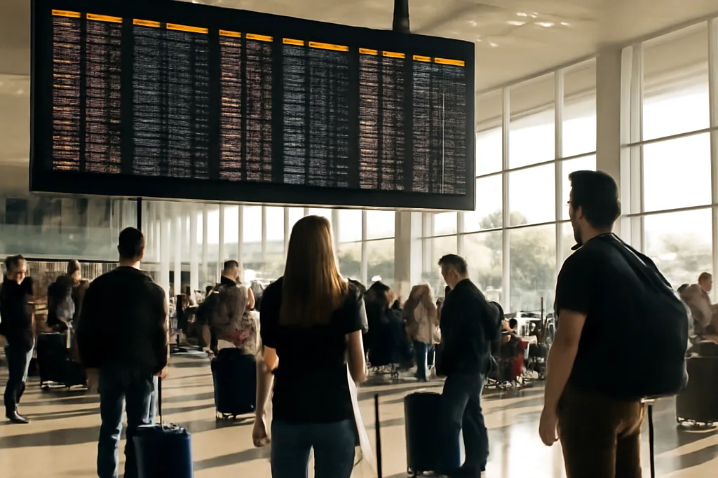 Hall de départ d'aéroport avec panneau d'affichage des vols et voyageurs attendant avec leurs valises