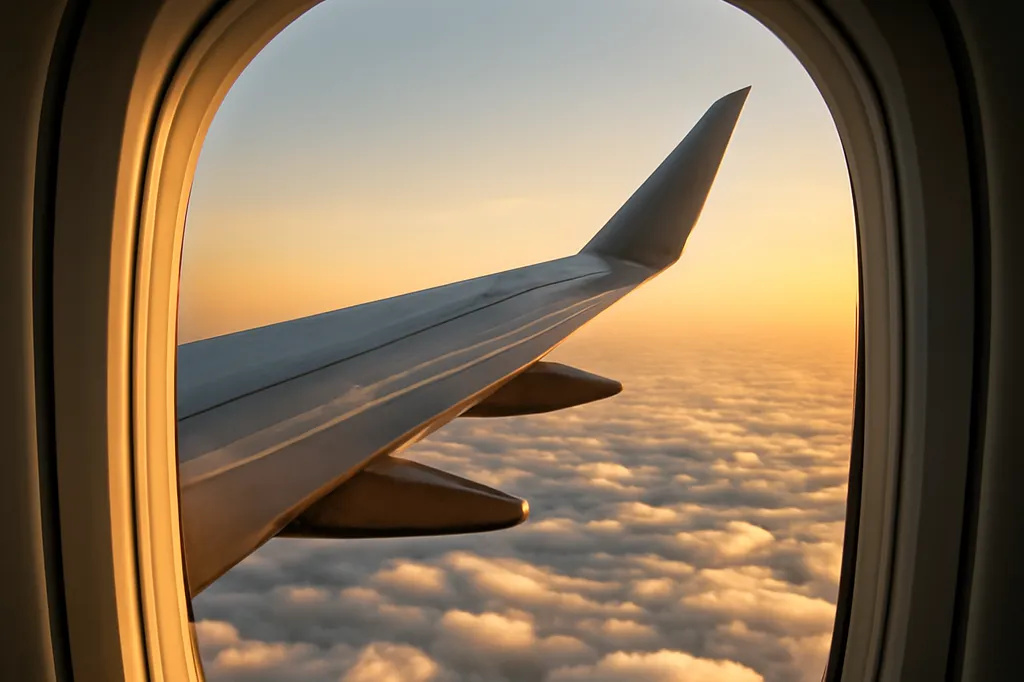 Vue depuis un hublot d'avion sur l'aile et une mer de nuages éclairée par une lumière rasante