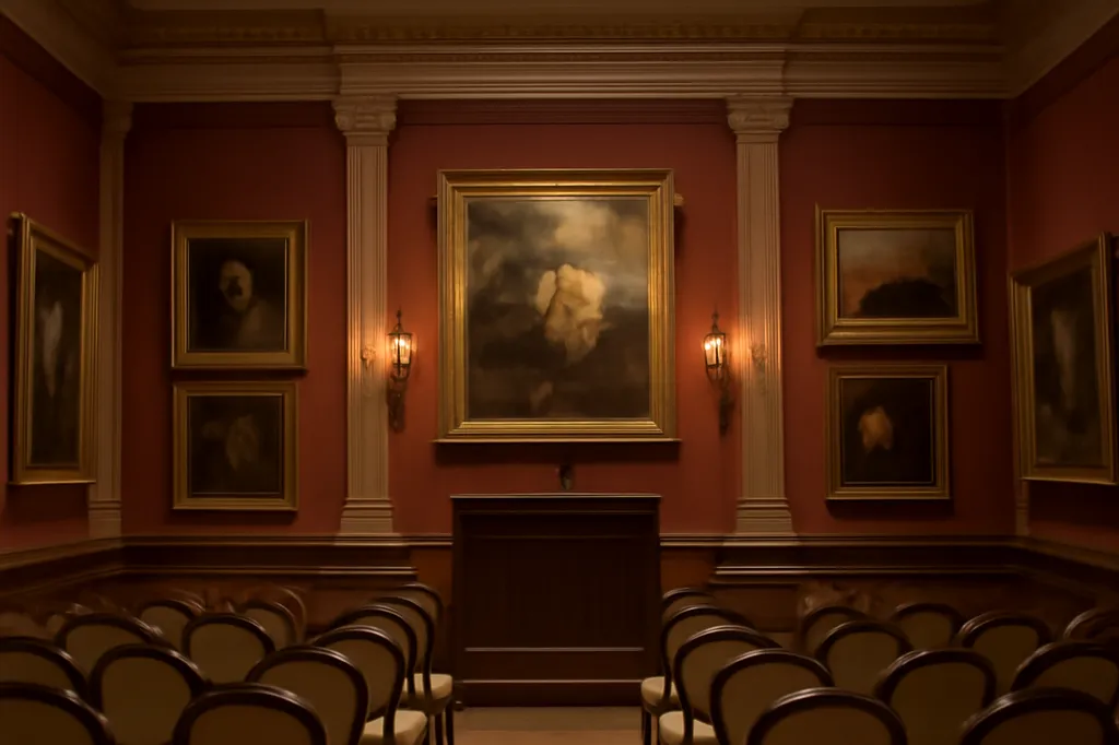 Salle de vente aux encheres avec tableaux anciens accroches aux murs et rangees de chaises vides