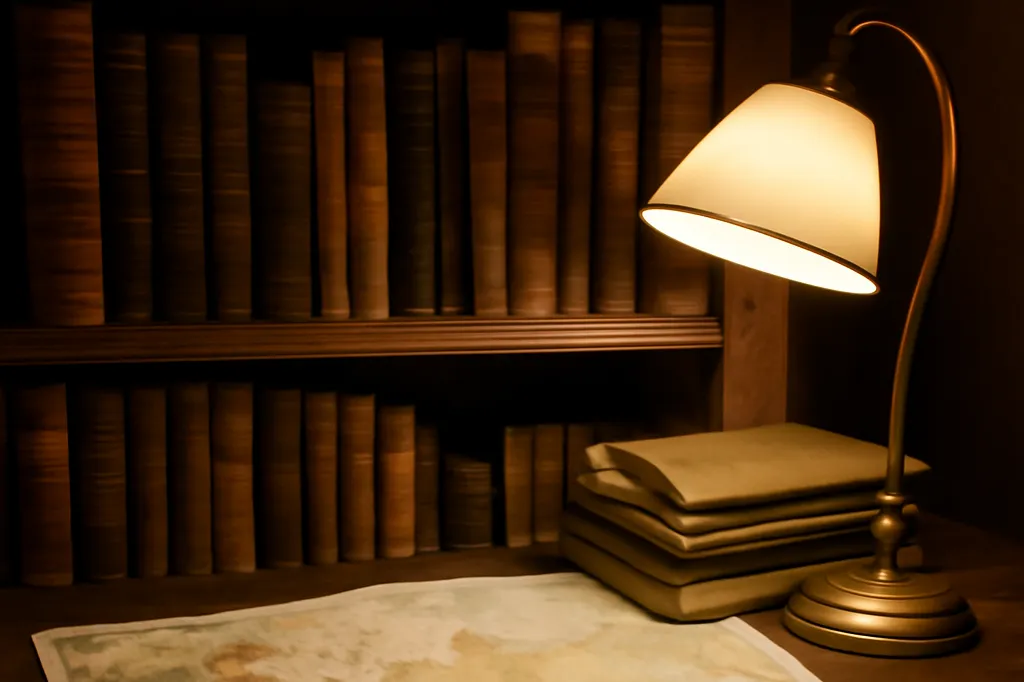 Étagère de bibliothèque avec livres de voyage anciens et carte de la Russie dépliée sur un bureau en bois