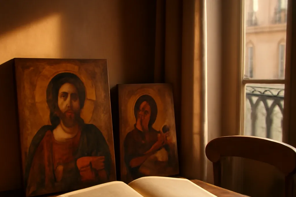 Icônes orthodoxes anciennes et livre relié ouvert sur une table, lumière chaude de fin de journée