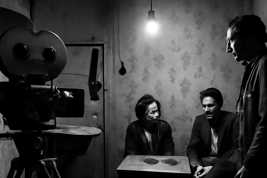 Reconstitution photographique d'un tournage de cinéma soviétique en noir et blanc, caméra sur pied dans un décor d'appartement communautaire