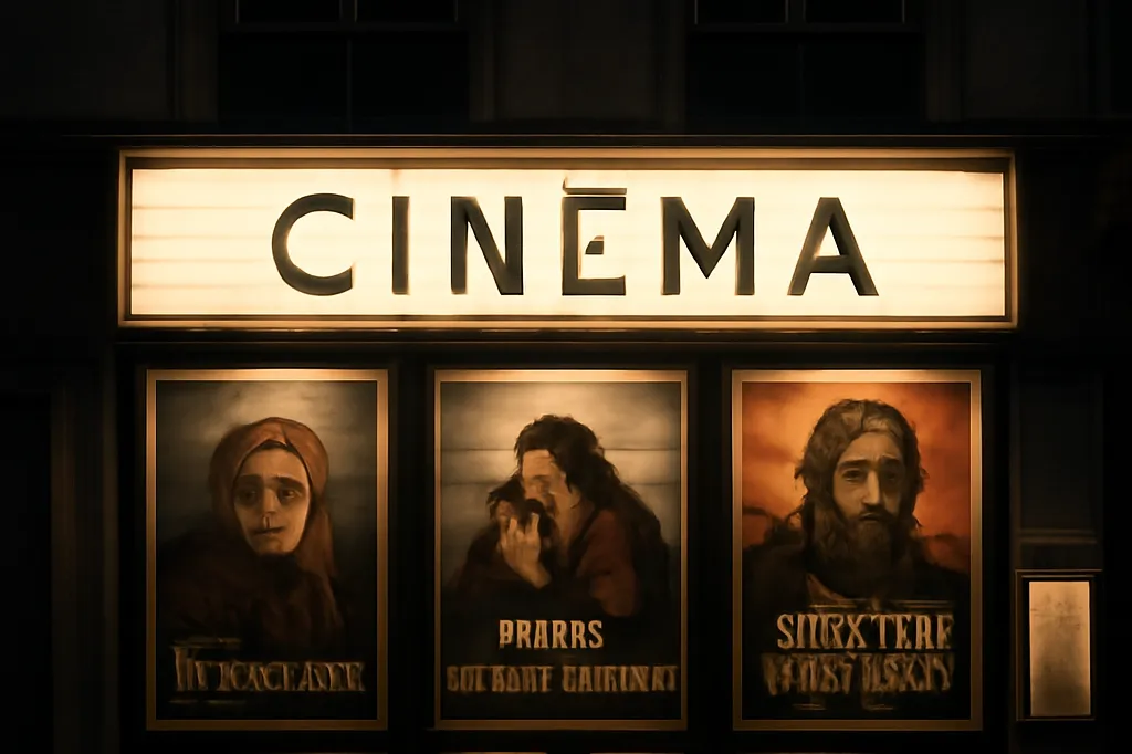Façade de cinéma d'art et d'essai parisien avec affiches de films russes et enseigne lumineuse le soir