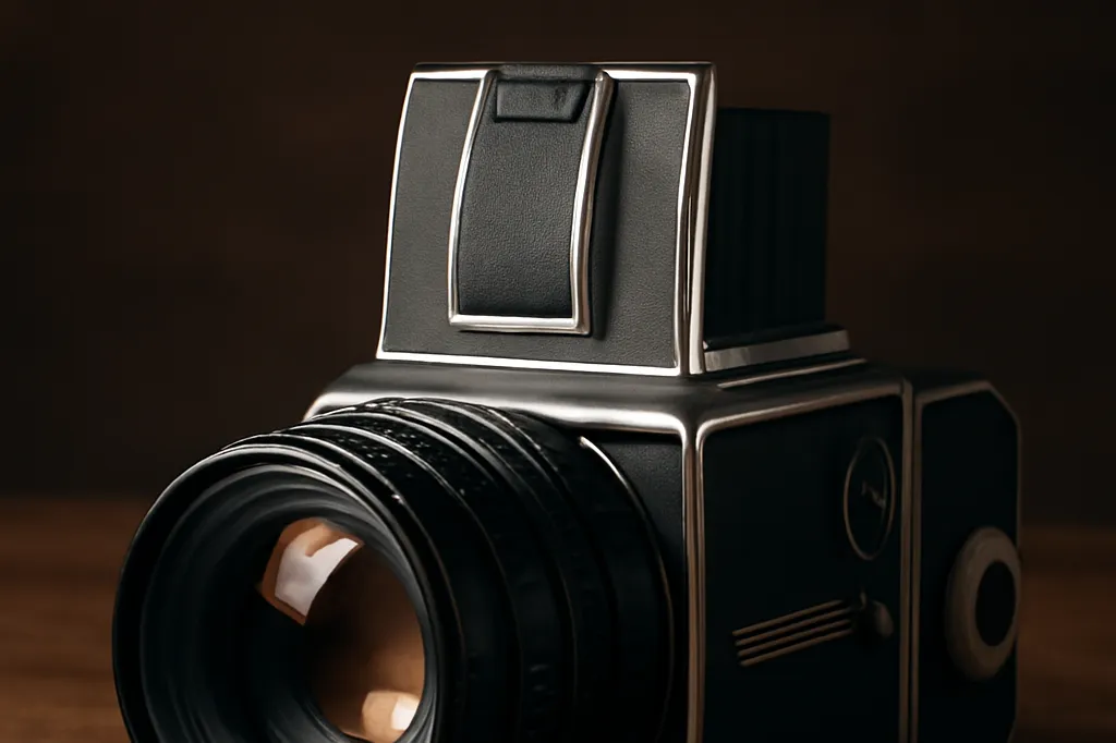 Appareil photo argentique moyen format pose sur une surface en bois, objectif visible
