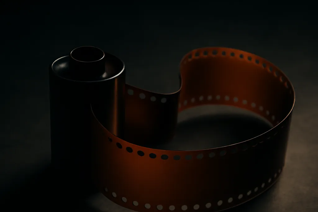 Bobine de pellicule photographique argentique deroulee sur une surface sombre