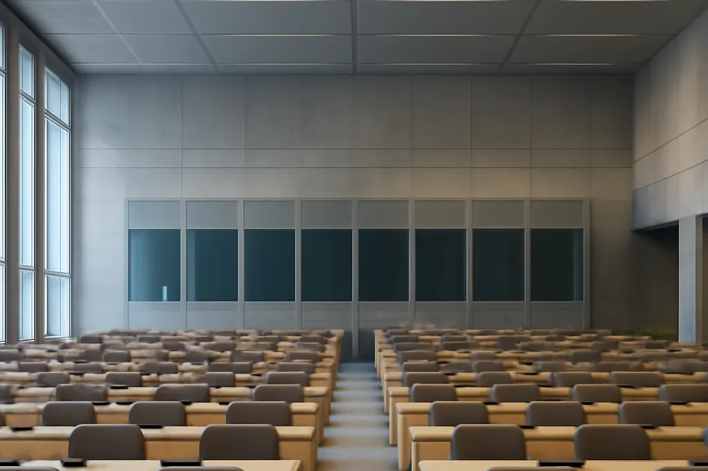 Salle de conférence internationale avec pupitres, micros et cabines d'interprétation vides