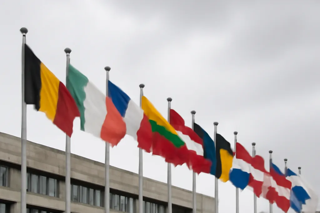 Drapeaux de pays alignés devant un bâtiment institutionnel international par temps gris