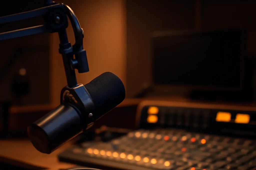 Studio de radio suisse avec micro professionnel, casque audio et console de mixage sous éclairage tamisé