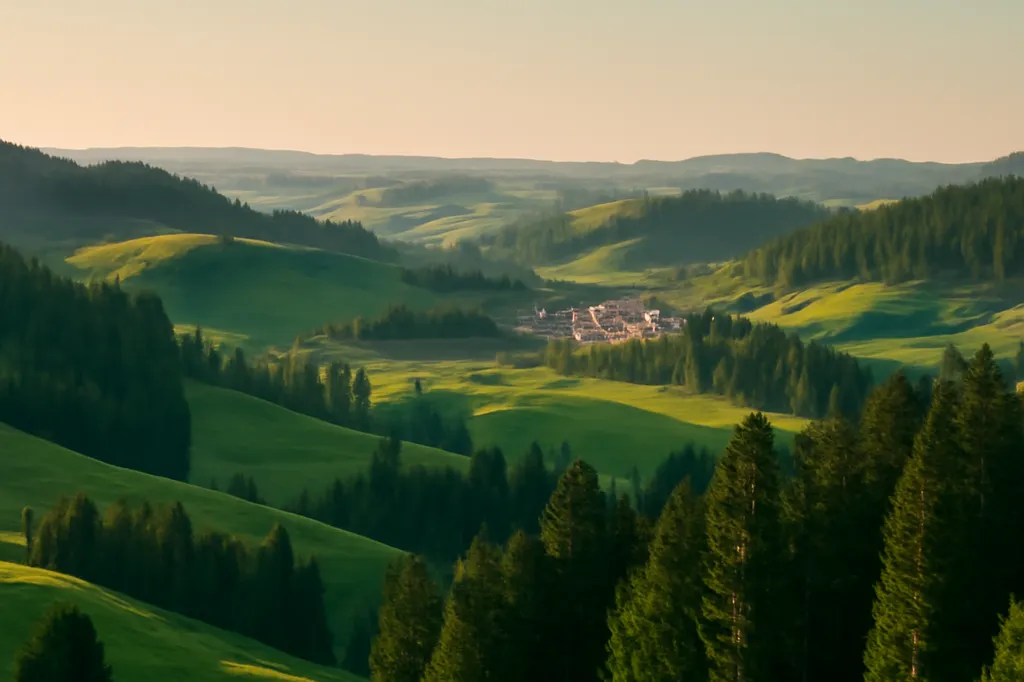 Paysage vallonné du Jura suisse avec sapins et petit village au loin sous un ciel dégagé