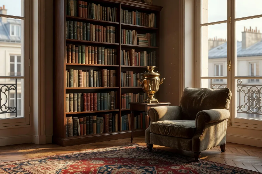 Appartement parisien cosy avec livres russes et samovar