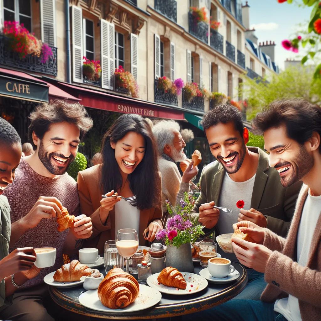 Terrasse de cafe parisien un dimanche matin avec croissants et cafe
