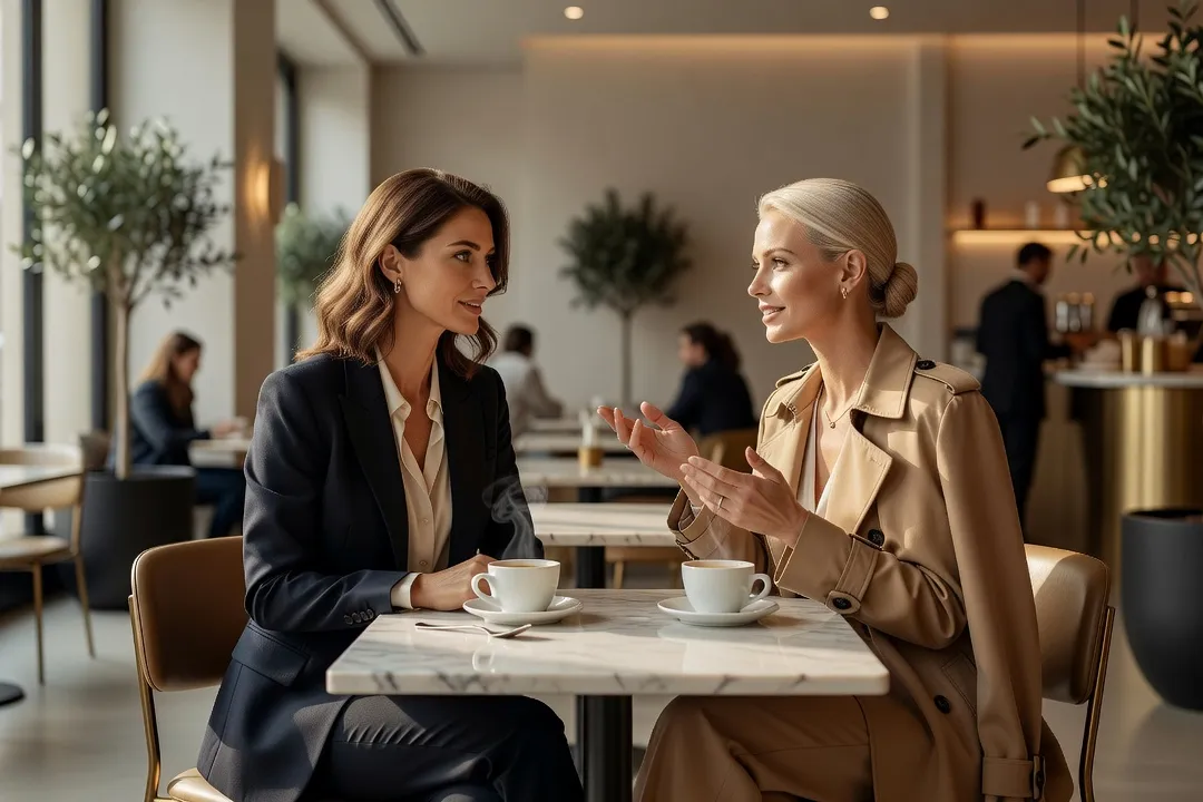 Femmes russes en conversation dans un café parisien moderne, atmosphère intime et cosmopolite