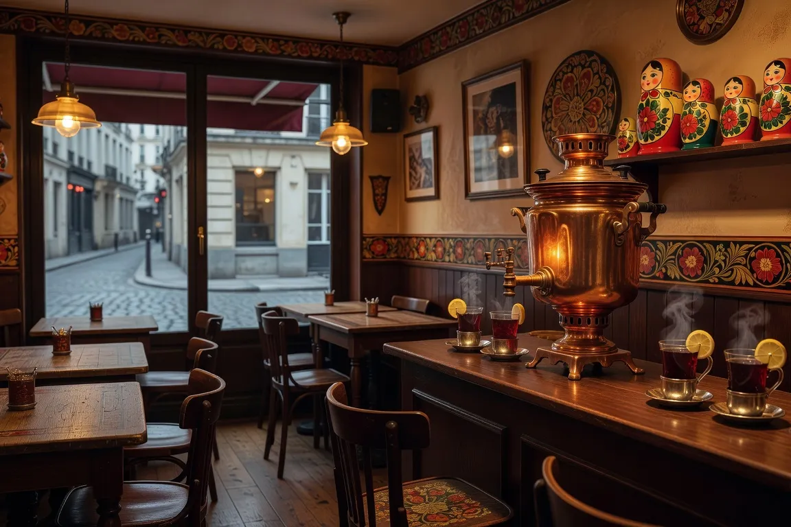 Étalage de spécialités culinaires russes et ukrainiennes dans une épicerie fine parisienne