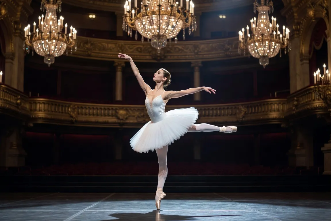 Danseuse étoile en tutu blanc exécutant un arabesque sous les lustres de l'Opéra Garnier, lumière dramatique