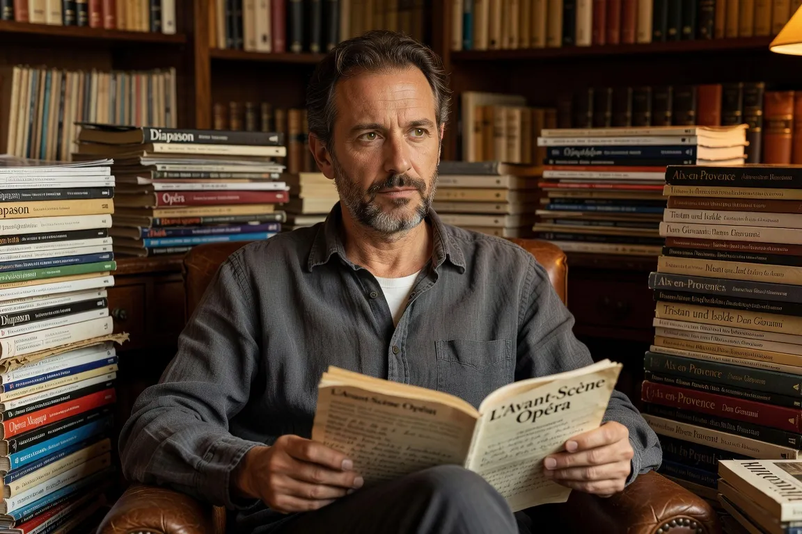 Portrait éditorial de Jean-François Moreau, critique musical quinquagénaire au col ouvert, air cultivé, fond de livres