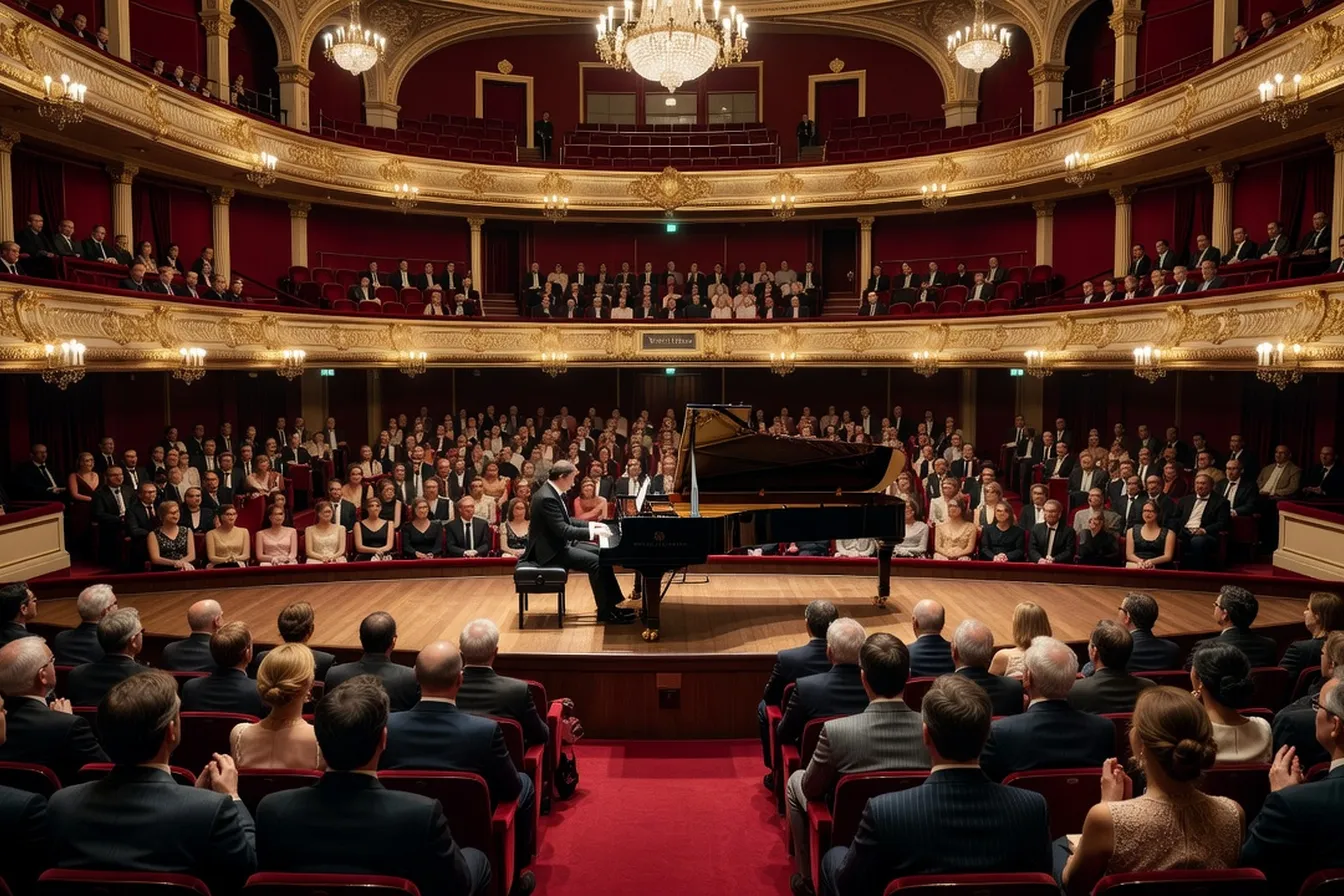Salle Pleyel lors d’un récital de piano russe, vue depuis le balcon, public attentif dans la lumière dorée