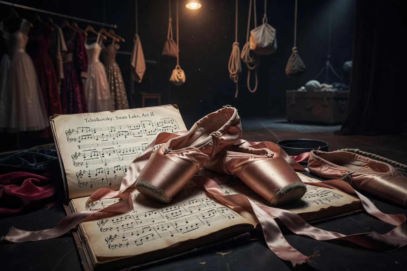 Détail de chaussons de pointes usés posés sur une partition de Tchaïkovski, ambiance coulisses d’opéra